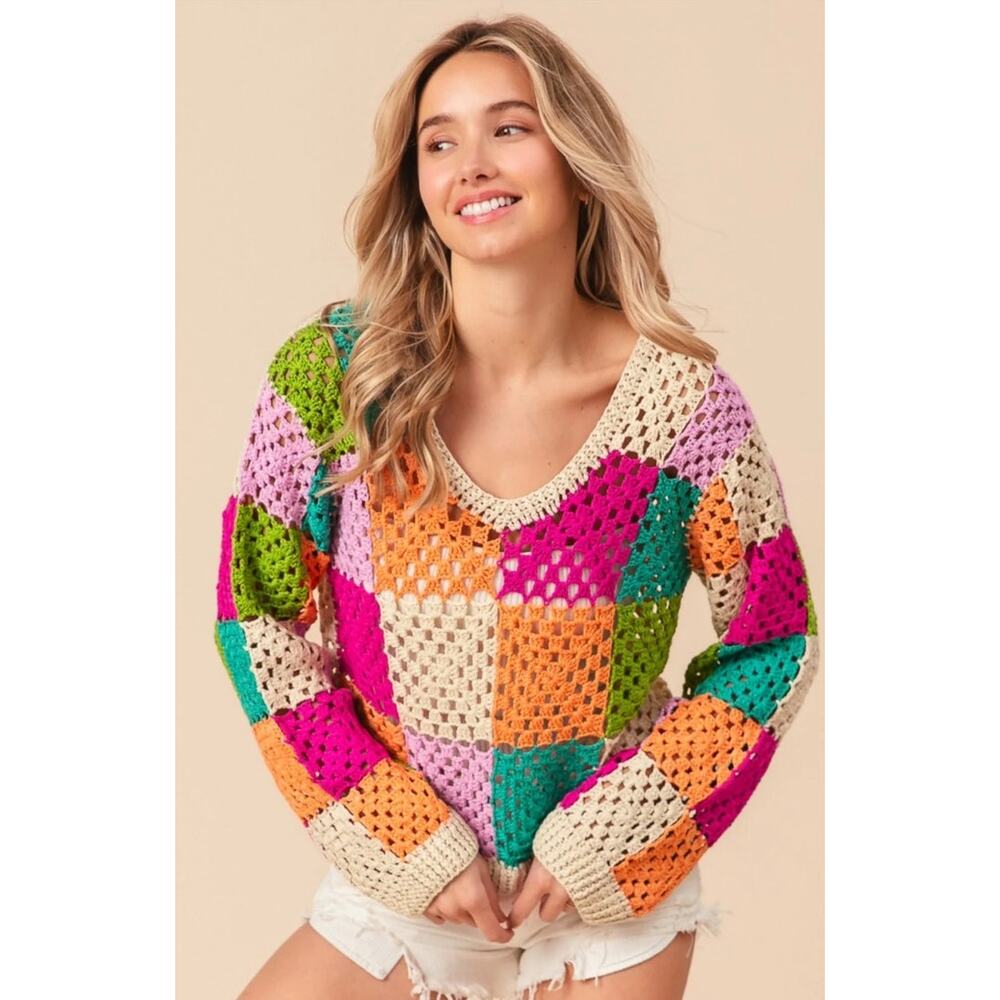 BiBi Colorful Patchwork V-Neck Sweater
